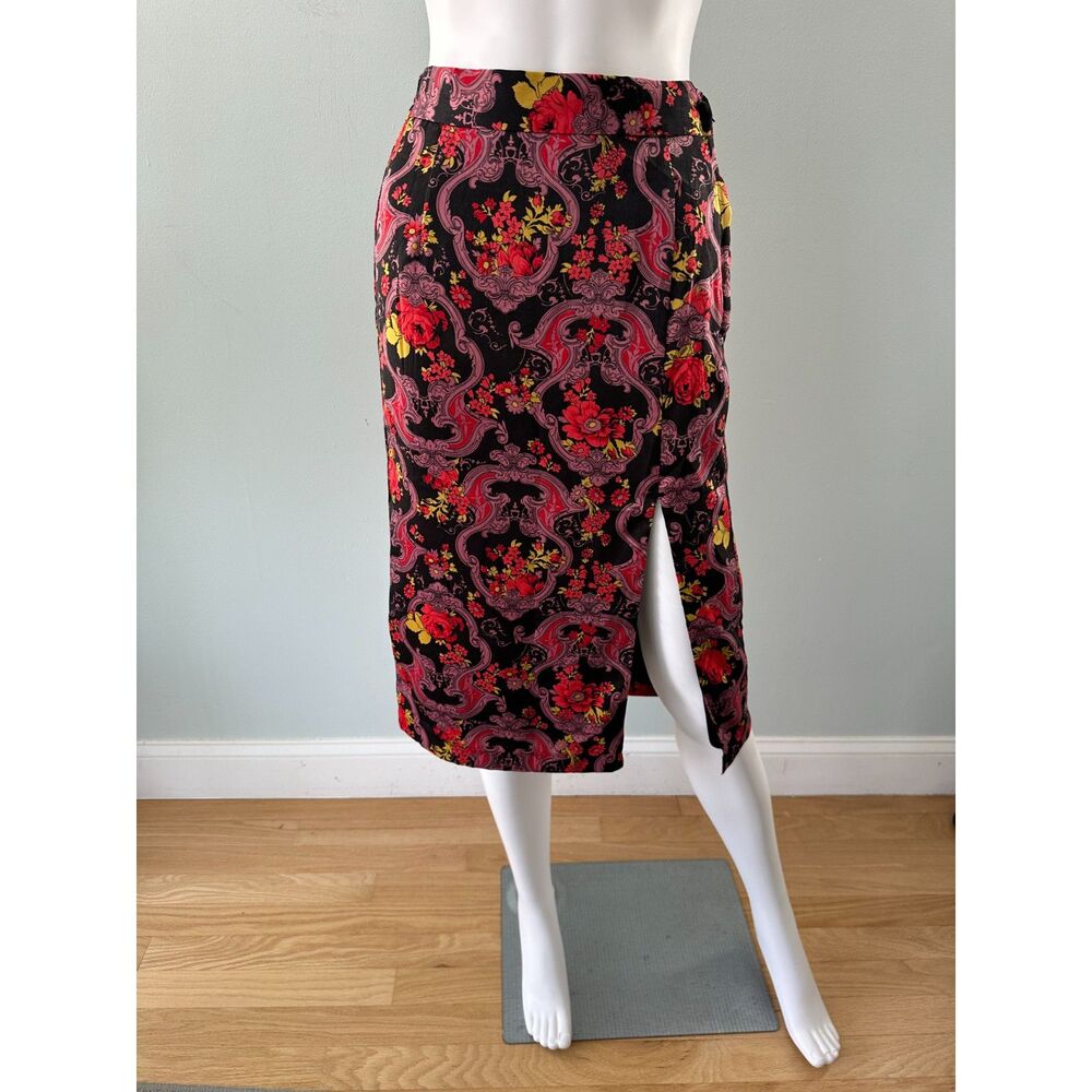 Modcloth Floral Baroque Midi Skirt Black Red Damask High Slit Whimsigoth XS